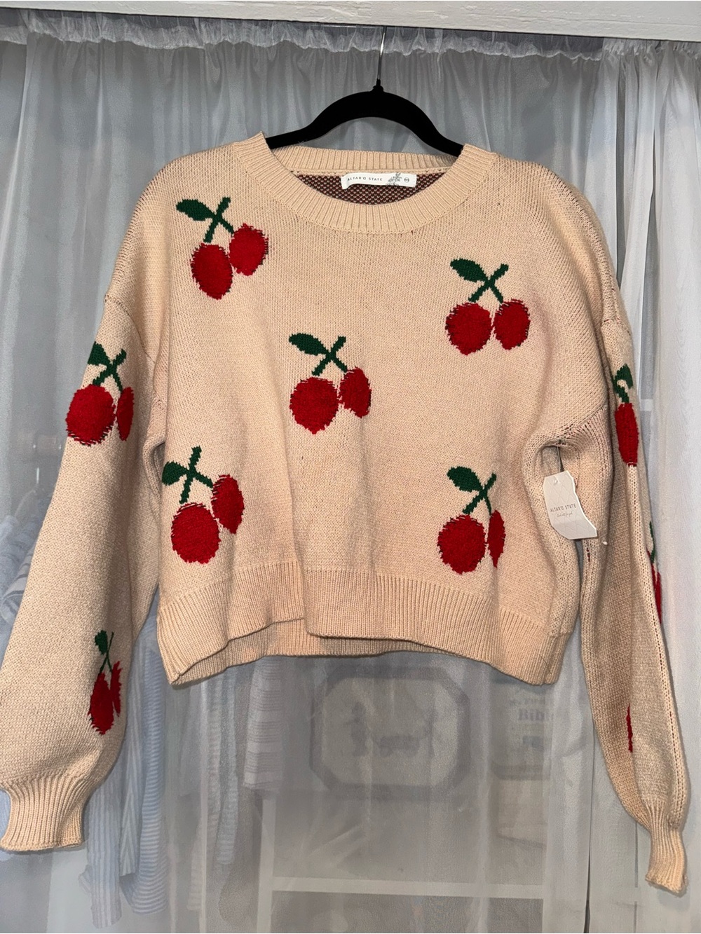 Altar'd State Cream Crewneck Sweater with Red Cherry Motif